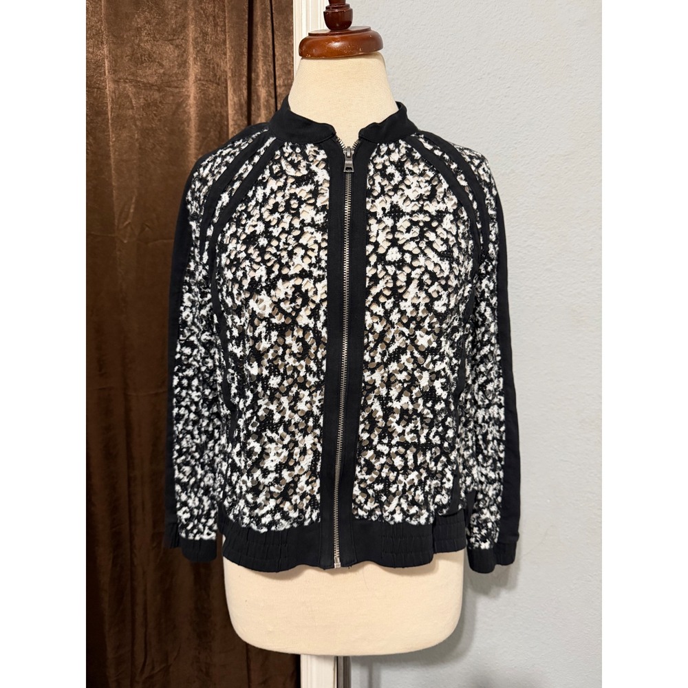 Ruby Rd Petite Black White Lace Seethrough Bomber Jacket Size L Full Zip Sporty